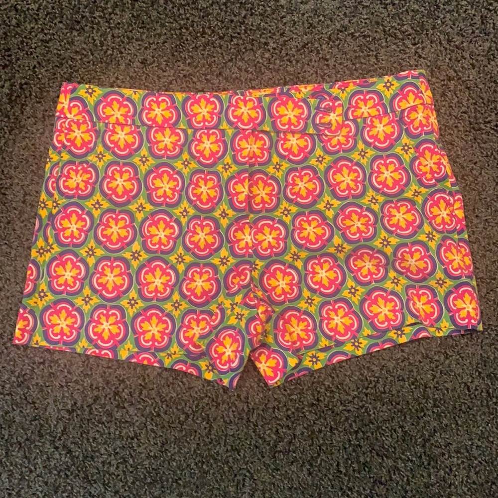 Trina Turk Pink Green Yellow Geometric Mosaic Preppy Flat Front Corbin Shorts 